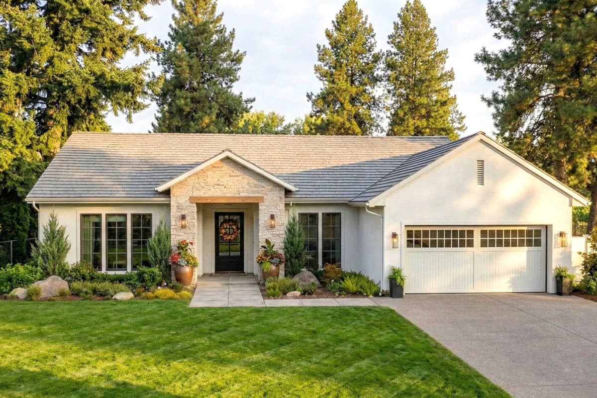 House plan exterior. Single-story Ranch-style home with stone entryway, gable roof, and attached garage with paneled door.