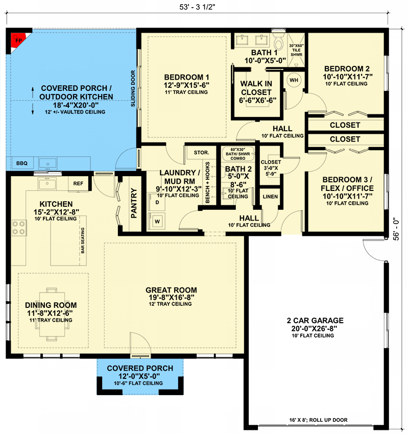 Plan 421003HFC: 3-Bed Hill Country Farmhouse Plan with Vaulted Covered Porch - 1752 Sq Ft - Floor Plan - Main Level - New American, Ranch, Transitional