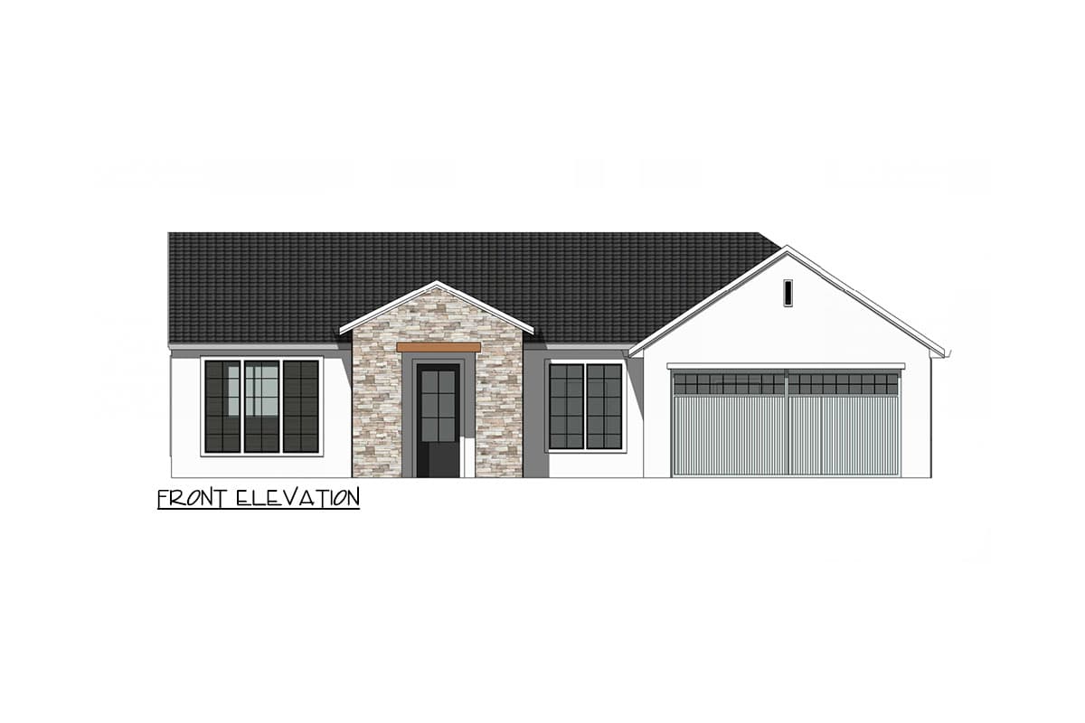 Front elevation of a one-story house plan with stone accents on the entry, gable roof, and two-car garage.