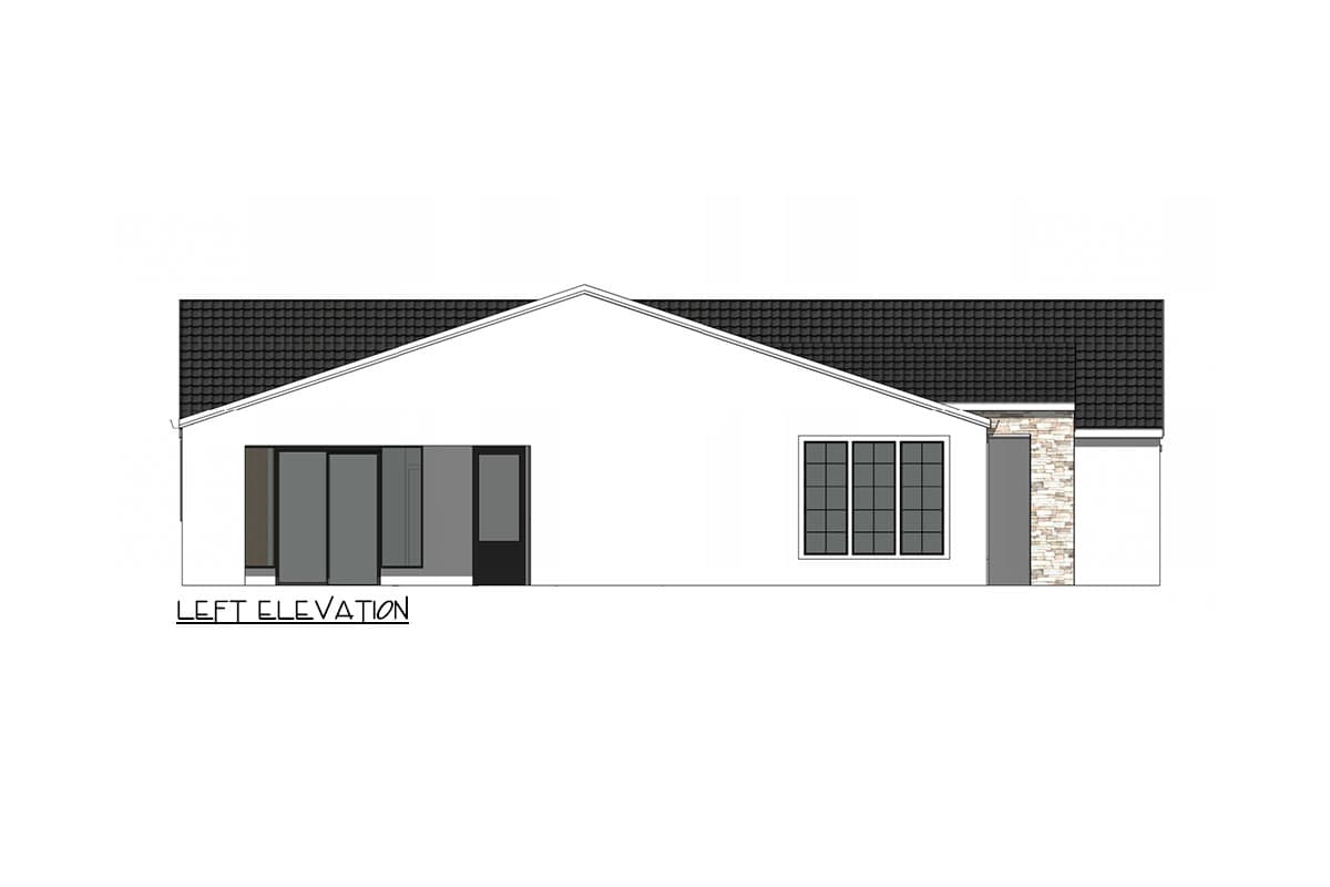 Left elevation house plan drawing showing sliding doors, a window, and stone accent.