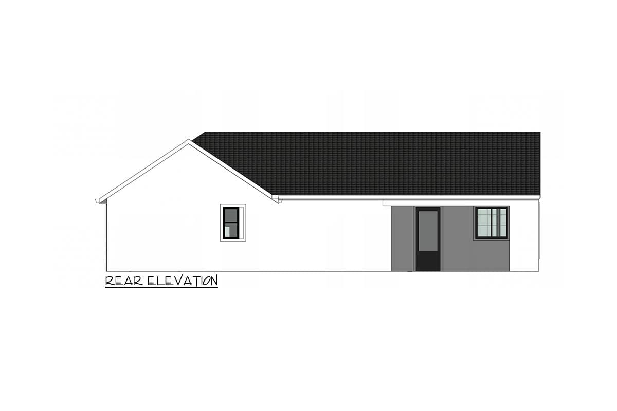 Rear elevation drawing of a one-story house plan with a gable roof, one window, and a door.
