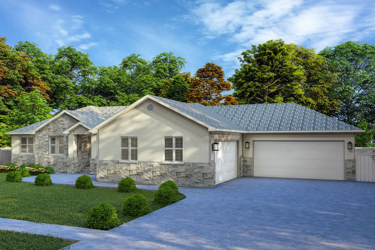 House plan exterior with stone veneer accents, gable roof, and attached two-car garage. Features include a covered entry and multiple gabled sections.
