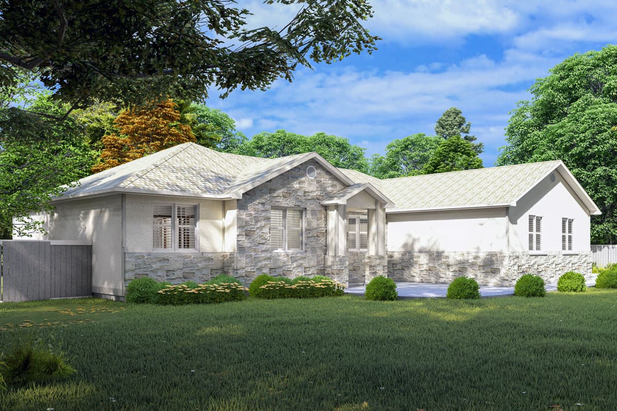 House plan exterior, single-story, with stone accent walls, gabled rooflines, and a covered entryway with columns.