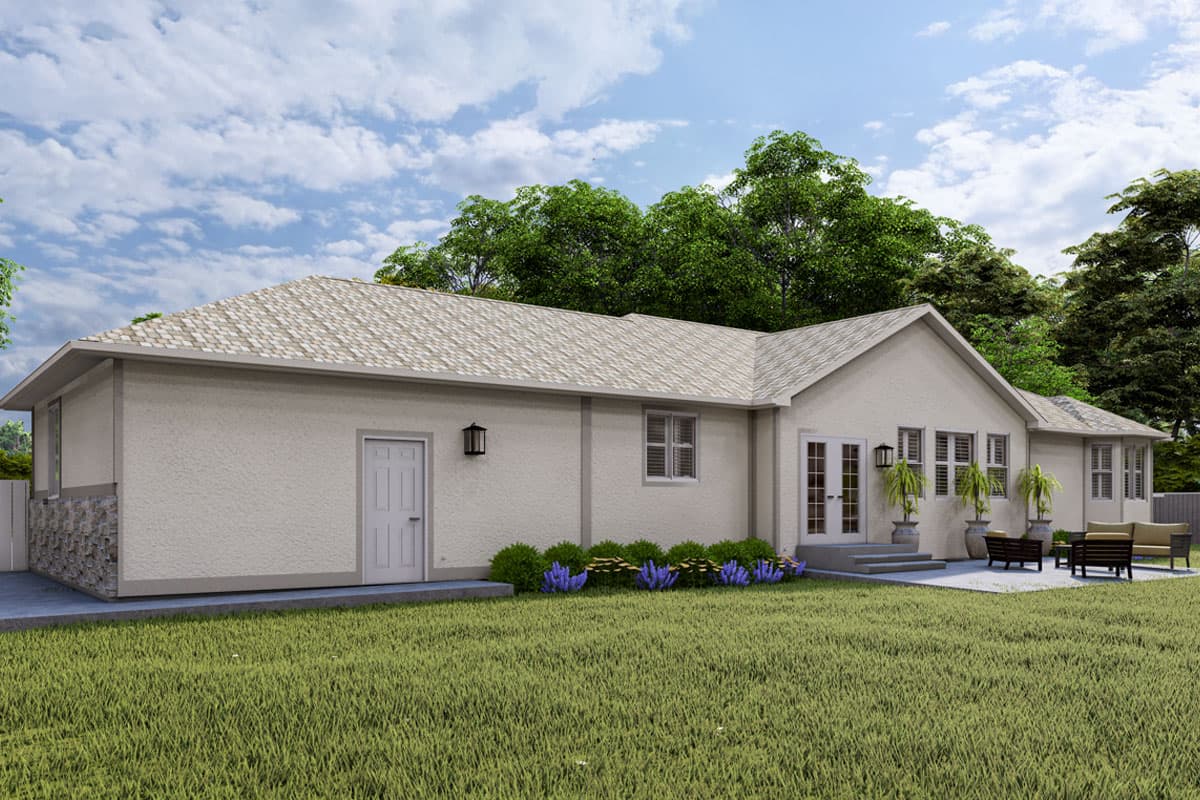 House plan exterior: one-story Ranch style with textured stucco, stone accents, gable roof, dormer windows, and rear patio with seating.