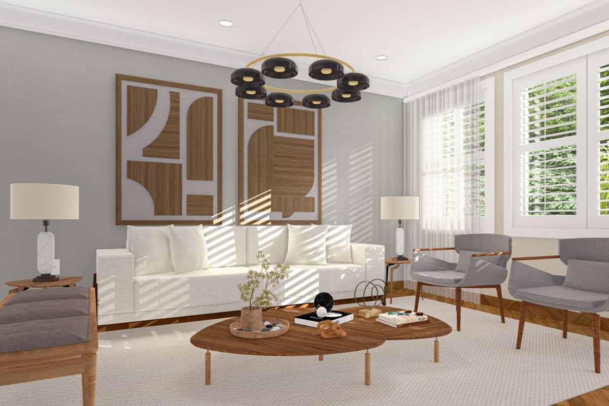 Living room interior rendering with white sofa, coffee table, chairs, large abstract art, and modern chandelier.
