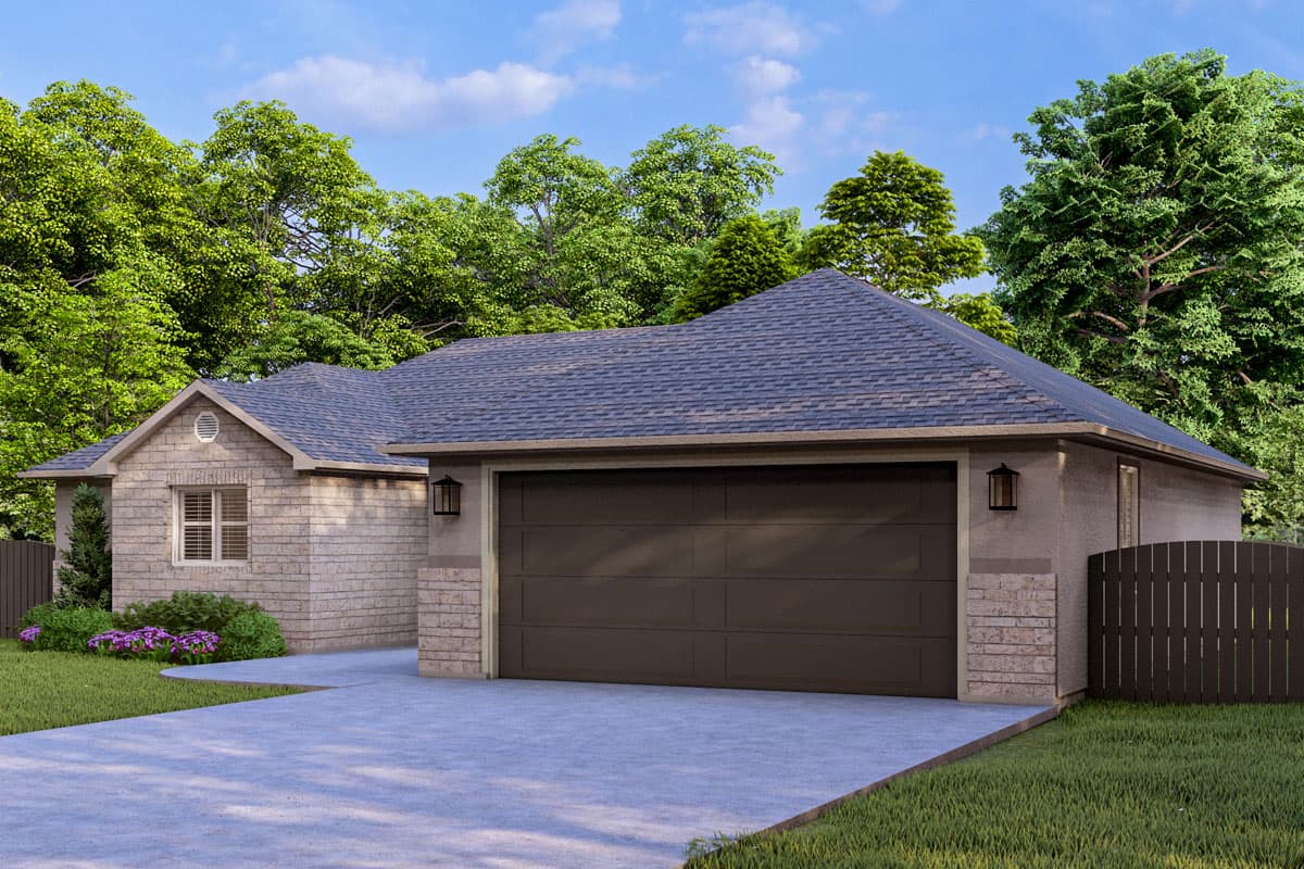 Ranch house plan exterior with gabled front, brick accents, and two-car garage.