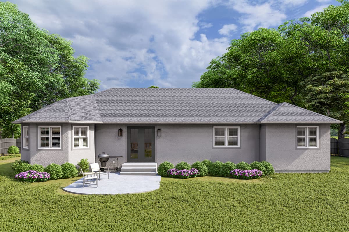 House plan exterior: Ranch style, single-story home with a symmetrical facade, central double doors, and a bay window.