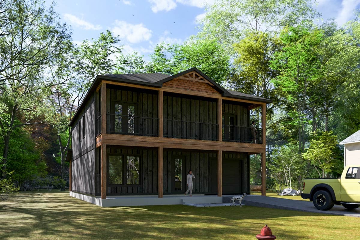 Modern farmhouse house plan exterior, two stories, with a full-width upper balcony and a covered lower porch with a garage.