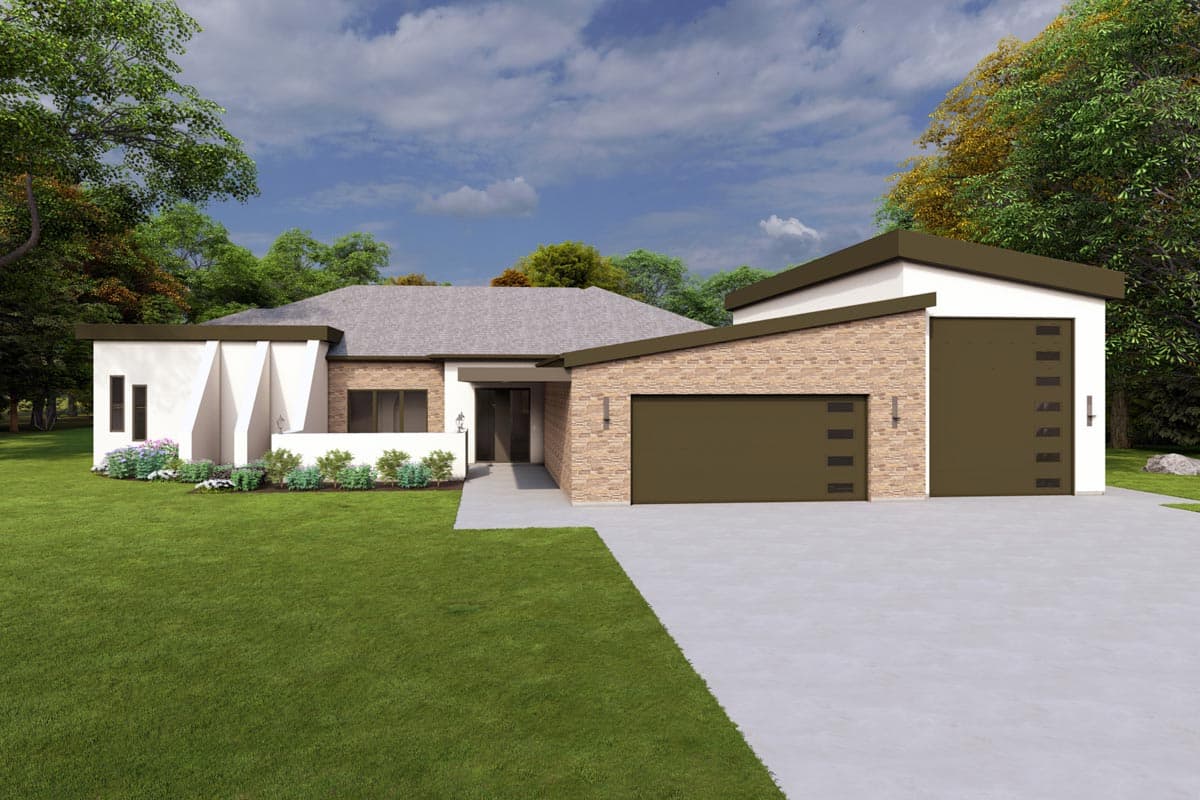 House plan exterior. Modern style, single story. Features include flat roof, attached garage, and contrasting textures of stucco and stone veneer.