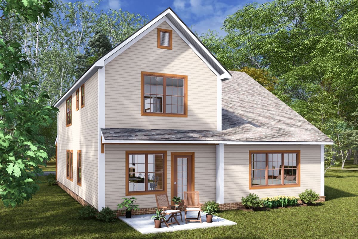 House plan exterior: two-story Modern Farmhouse with gable, dormer, and double garage.