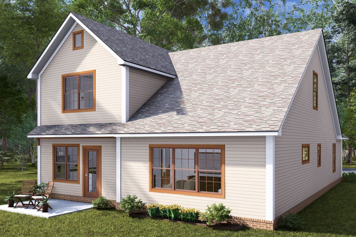 Two-story house plan exterior with gabled rooflines, dormer, and vinyl siding.