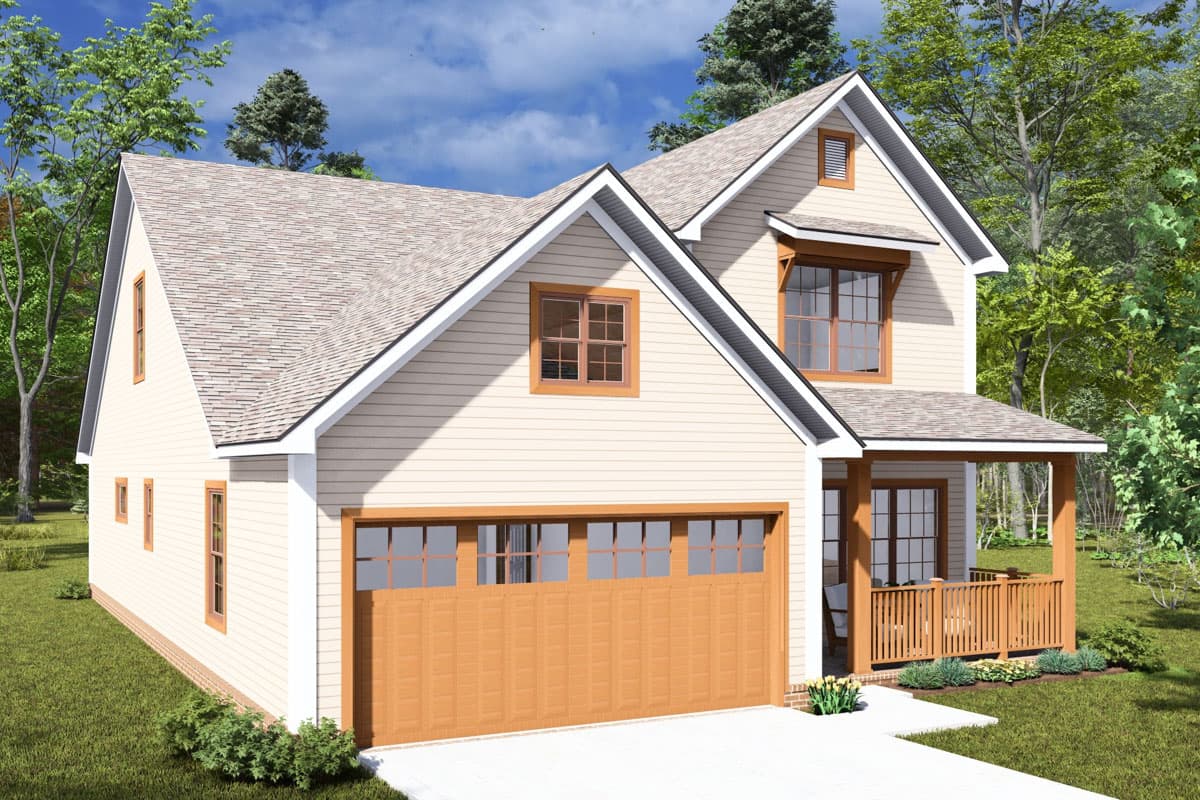 Modern Farmhouse house plan exterior, two stories, with a two-car garage, gabled dormers, and a covered porch.