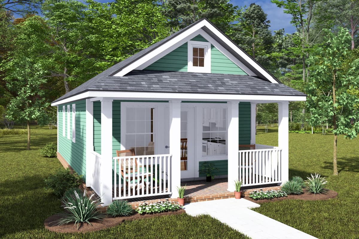 Small house plan exterior, 1 story, front porch with white railing, gabled roof, and dormer window.