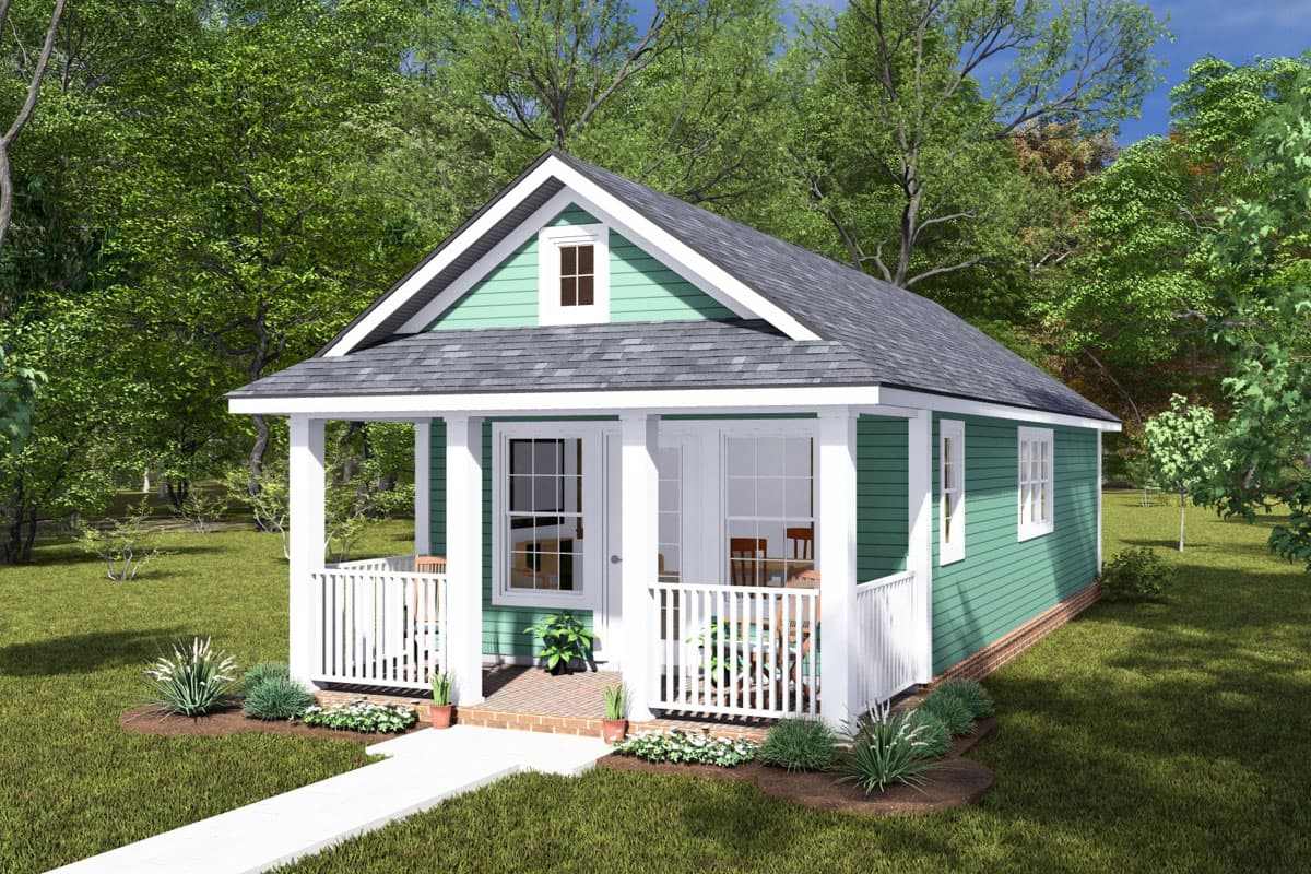 House plan exterior of a one-story cottage with a covered front porch, gabled dormer, and green siding.