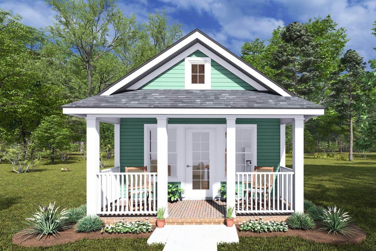 House plan exterior, cottage style with a front porch, gabled roof, and dormer. Features include columned supports and a centered entry door.