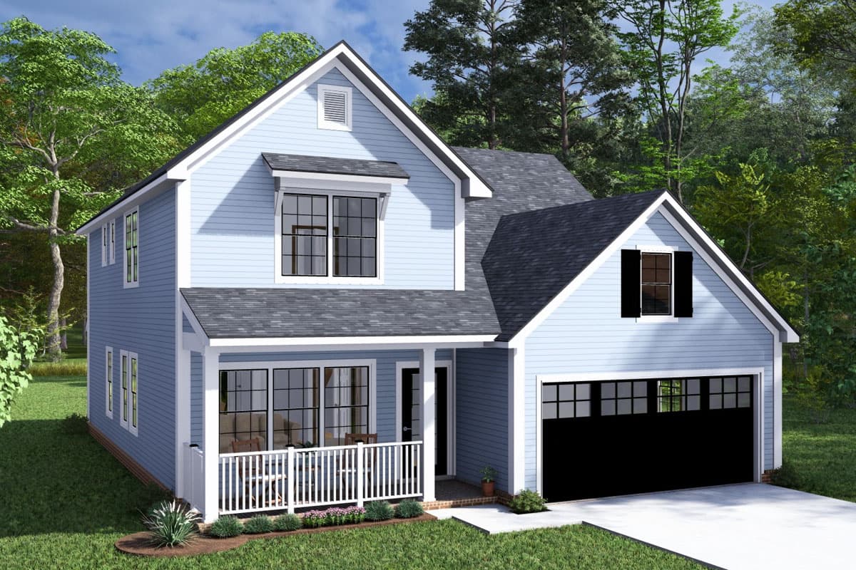 Two-story house plan exterior with siding, gables, porch, and attached garage.