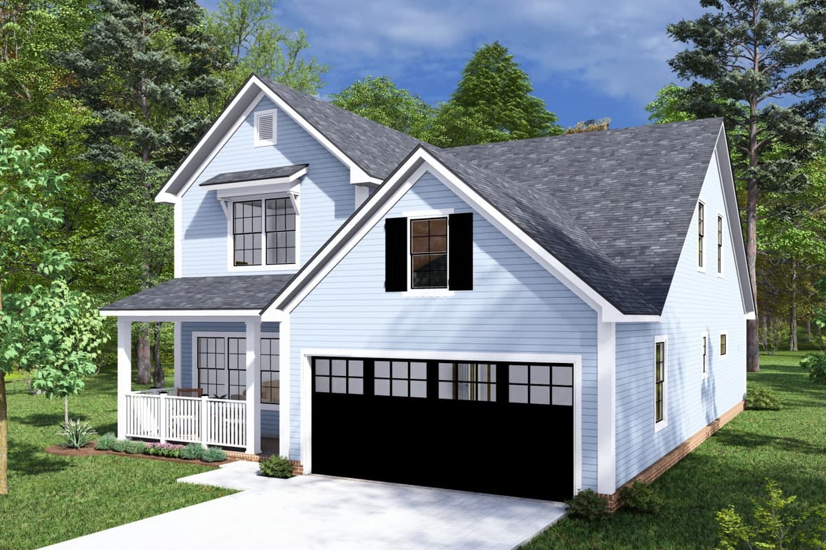 Two-story house plan exterior with gabled dormers, a front porch, and a side-facing garage.