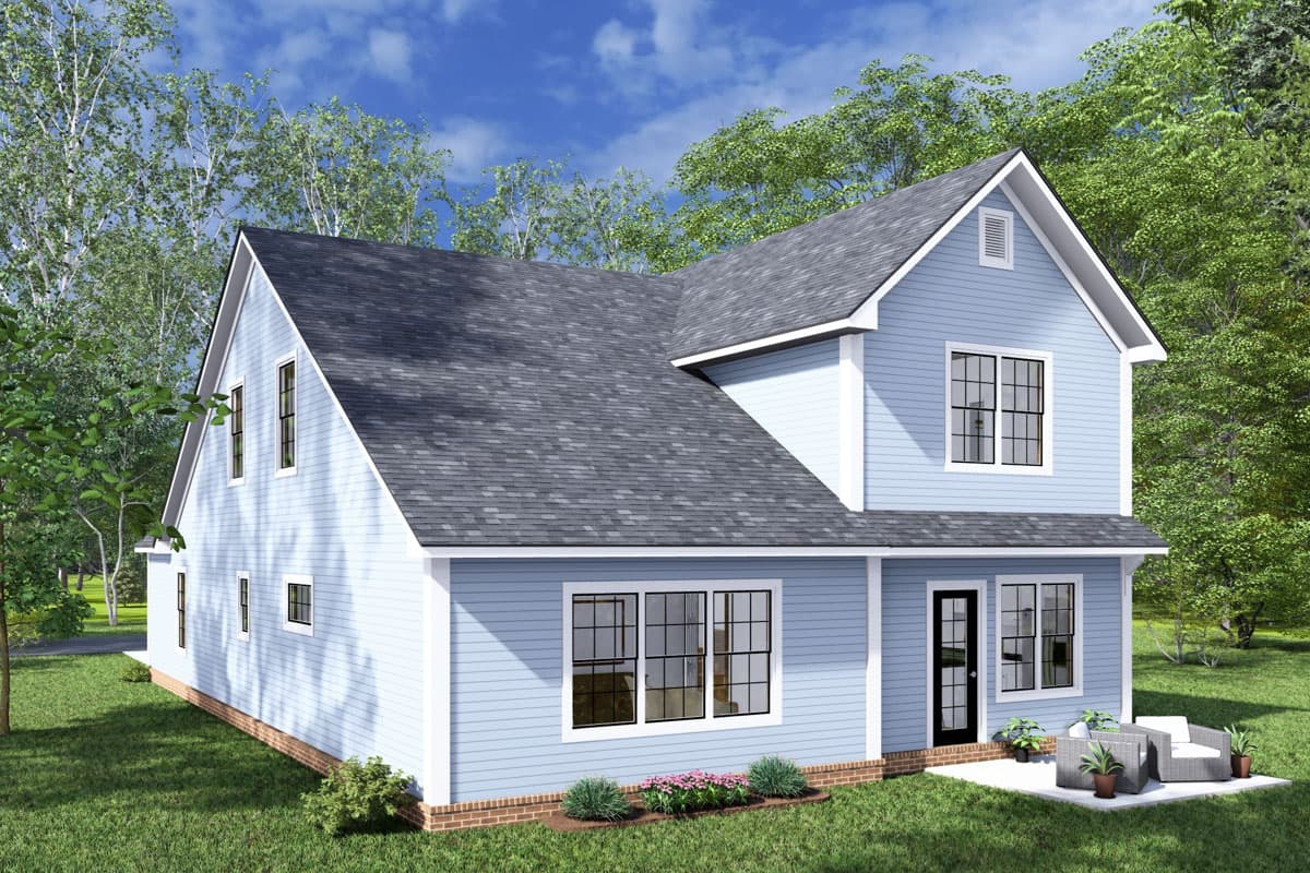 House plan exterior of a two-story Modern Farmhouse with a prominent gable, double front door, and numerous grid windows.