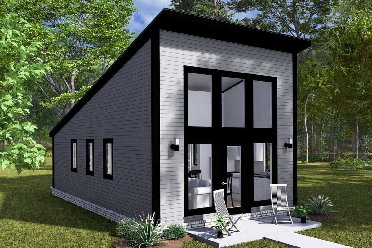 House plan exterior. Modern style with a single story. Features include a sloped roof, large glass doors, and dark trim.