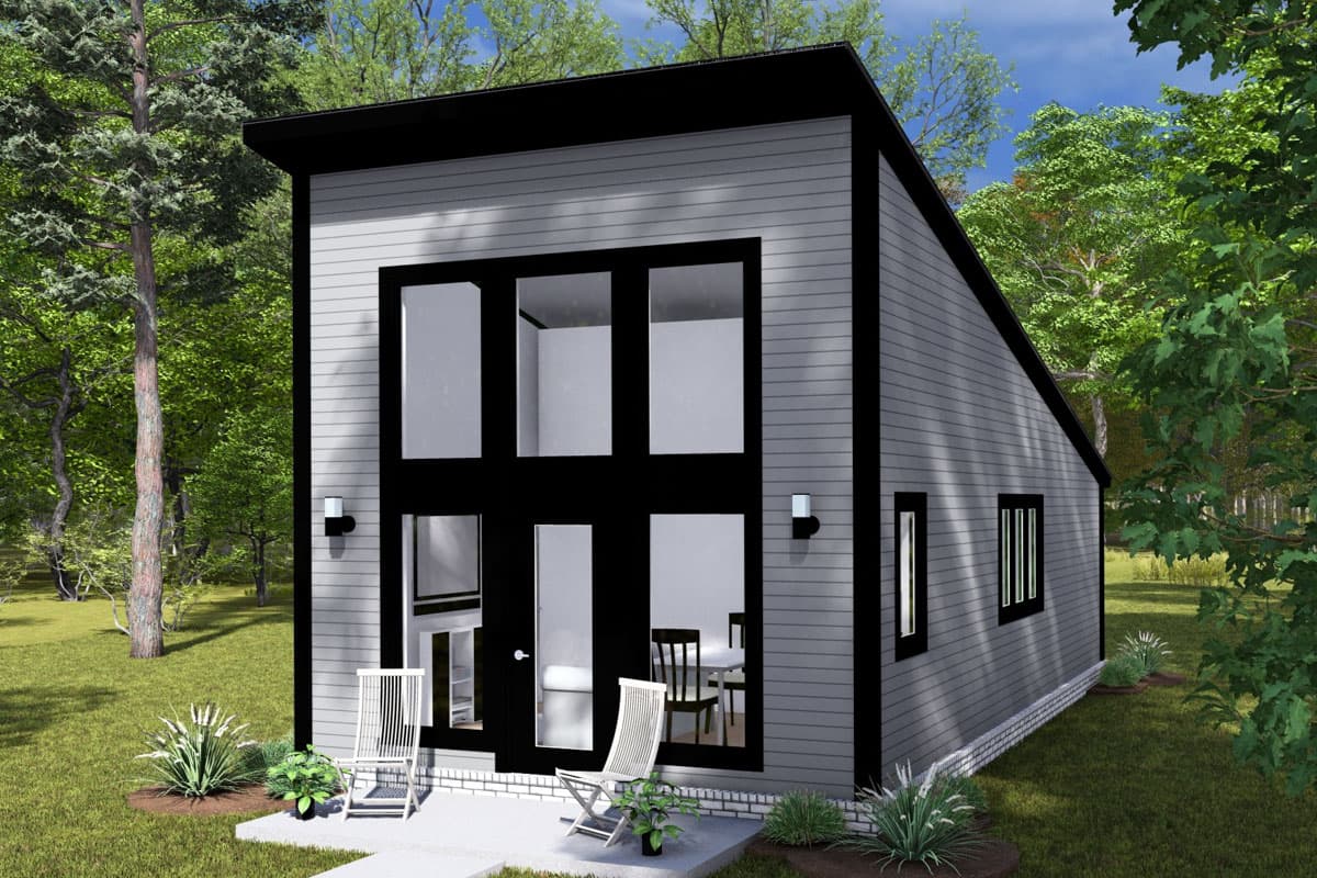 Modern house plan exterior with a steeply pitched roof, horizontal siding, and tall, dark-framed windows.
