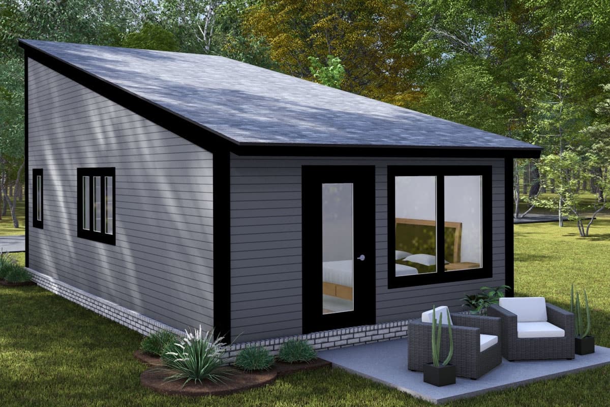 Modern house plan exterior with a single story, asymmetric roofline, horizontal siding, and prominent black window frames.