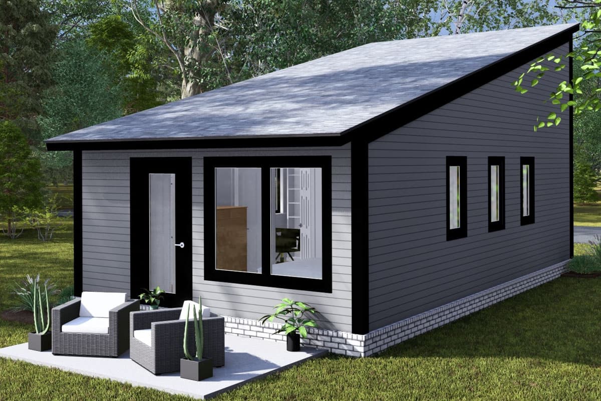 House plan exterior: one-story modern design with a single-slope roof, horizontal siding, and multiple windows.