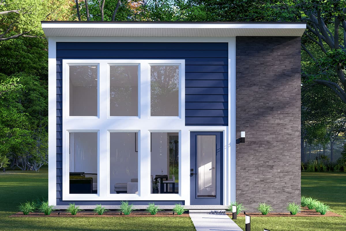House plan exterior. Modern style with flat roof and large windows. Includes stone accent wall and entry door.