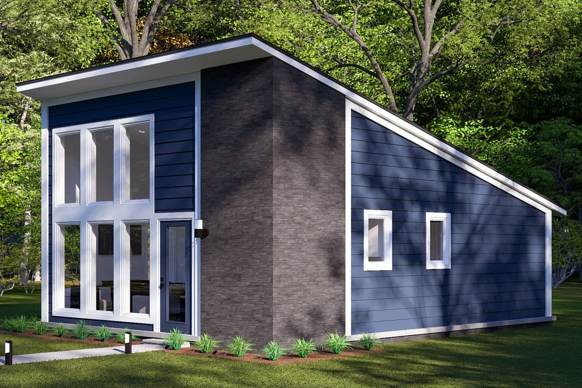 Modern house plan exterior with blue siding, dark stone accent wall, and large front windows.