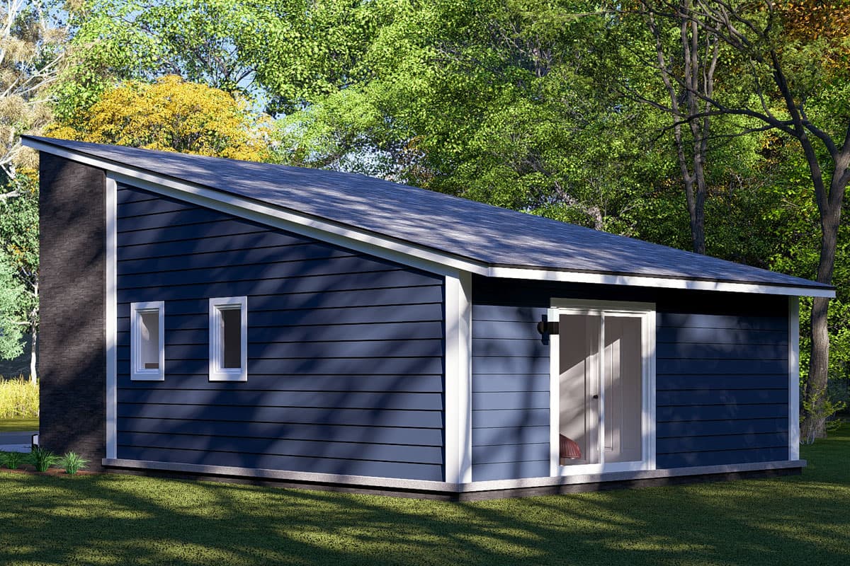 House plan exterior of single-story modern home with dark siding, contrasting chimney, two small windows, and glass sliding doors.
