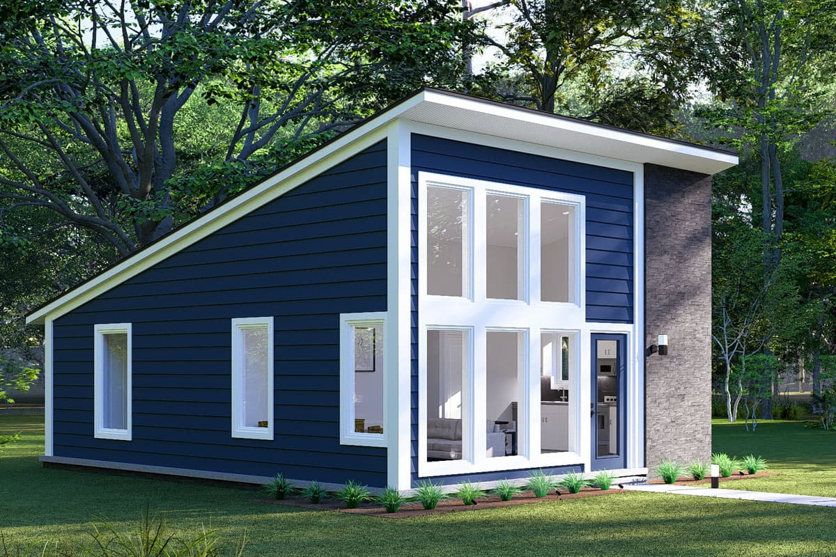 Modern house plan exterior with a sloped roof, dark siding, and large multi-pane windows.
