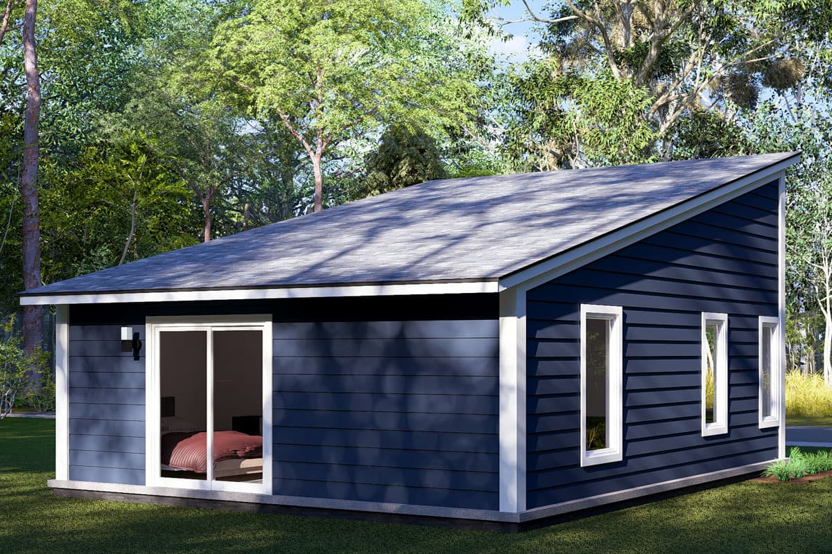 House plan exterior, one story, modern style with asymmetric roofline, sliding glass door, and three vertical windows.