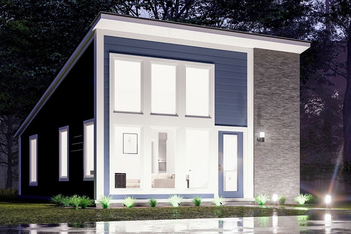 Modern house plan exterior with a pitched roof, large vertical windows, horizontal siding, and stacked stone.