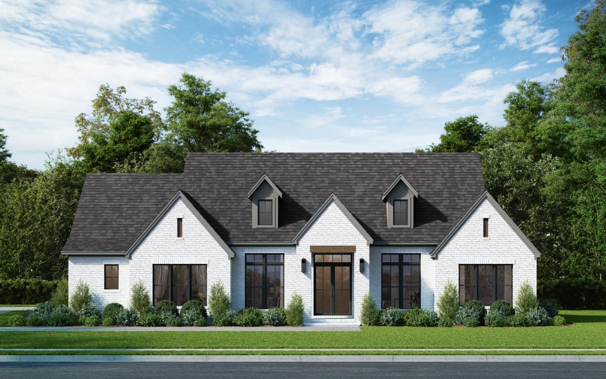 House plan exterior: white brick, gable dormers, asphalt shingle roof, and symmetrical window placement.