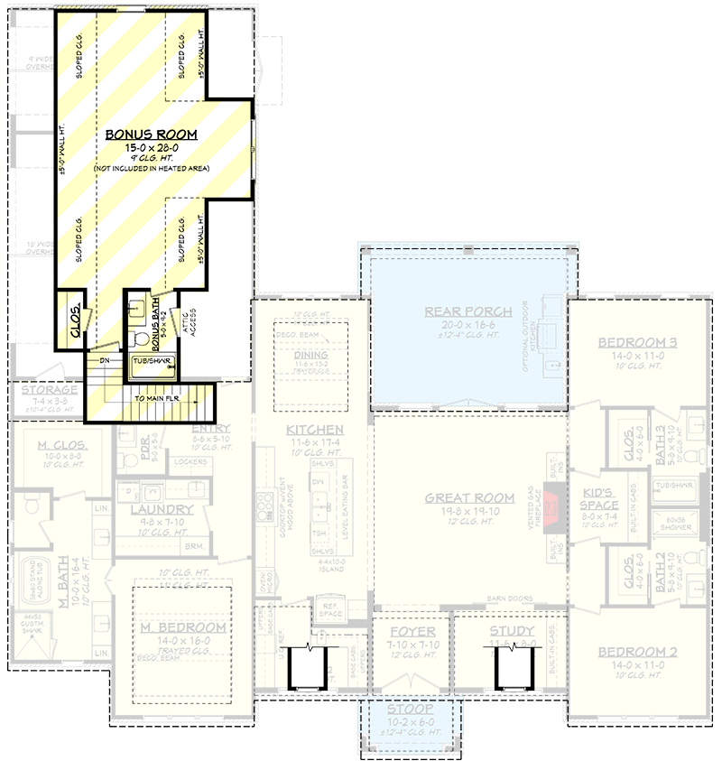 Plan 51983HZ: 3-Bed Transitional Country Cottage House Plan Under 2500 Square Feet - Floor Plan - Optionally Finished Bonus Room Over Garage - Cottage, Country, Modern, New American, Transitional