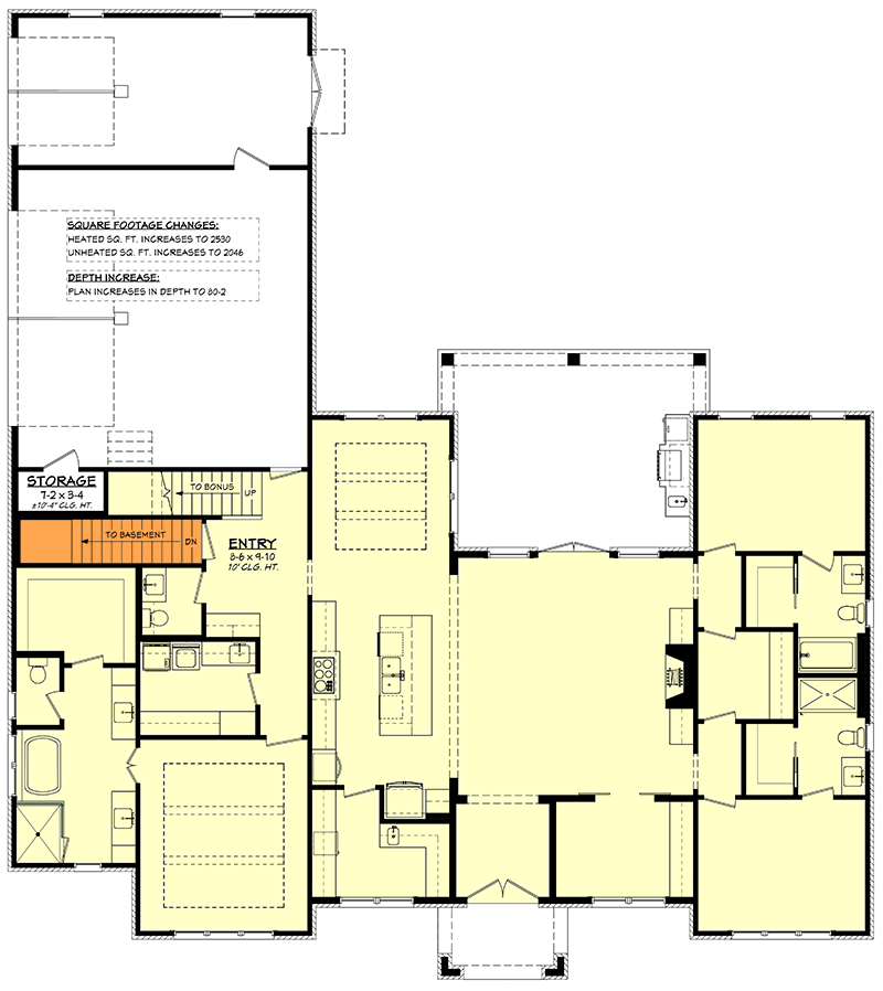 Plan 51983HZ: 3-Bed Transitional Country Cottage House Plan Under 2500 Square Feet - Floor Plan - Main Level - Basement Stairs Location - Cottage, Country, Modern, New American, Transitional