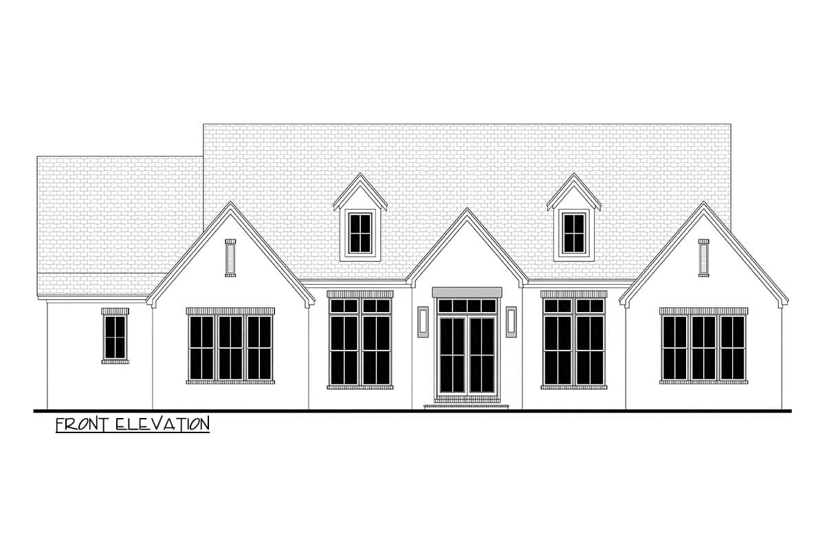 Front elevation drawing of a one-story house with prominent gables, dormers, and multiple window groupings.