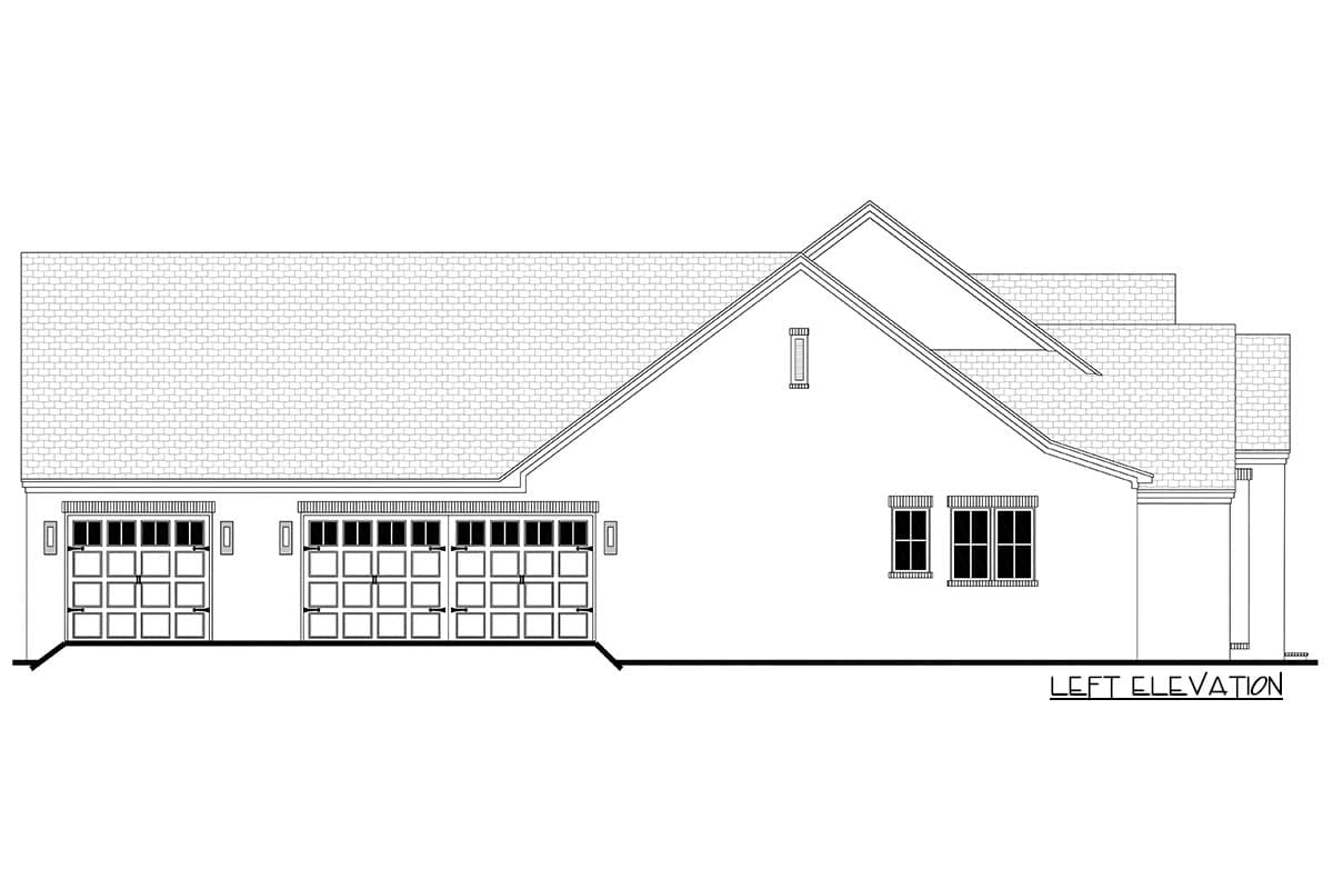 Left elevation house plan with a four-car garage, varied rooflines, and multiple windows.