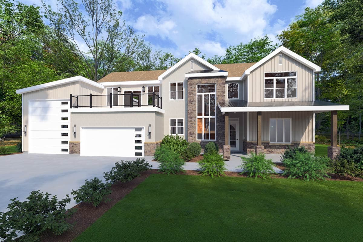 House plan exterior with two stories, modern facade, and a covered porch. Features include a side-entry garage, gabled roof, and stone accents.