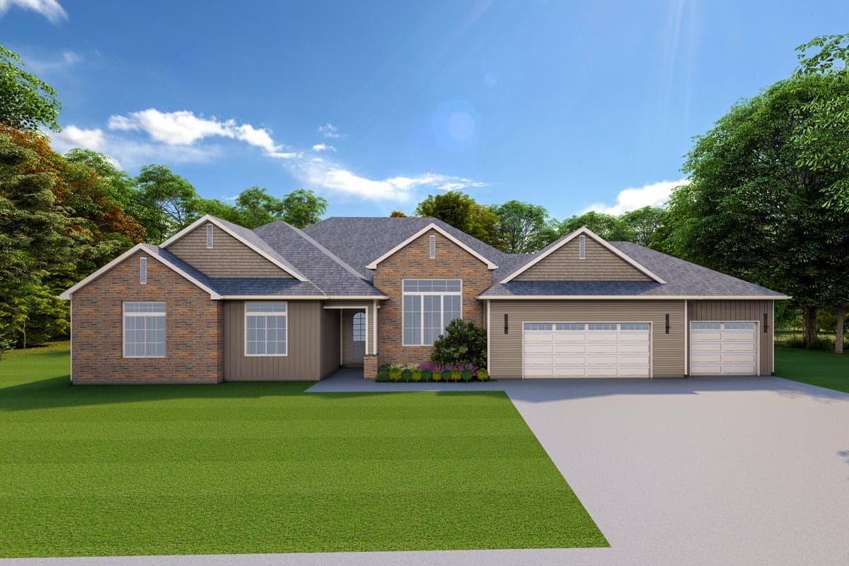 House plan exterior: single-story Modern Farmhouse with brick and siding, prominent gables, and a three-car garage.