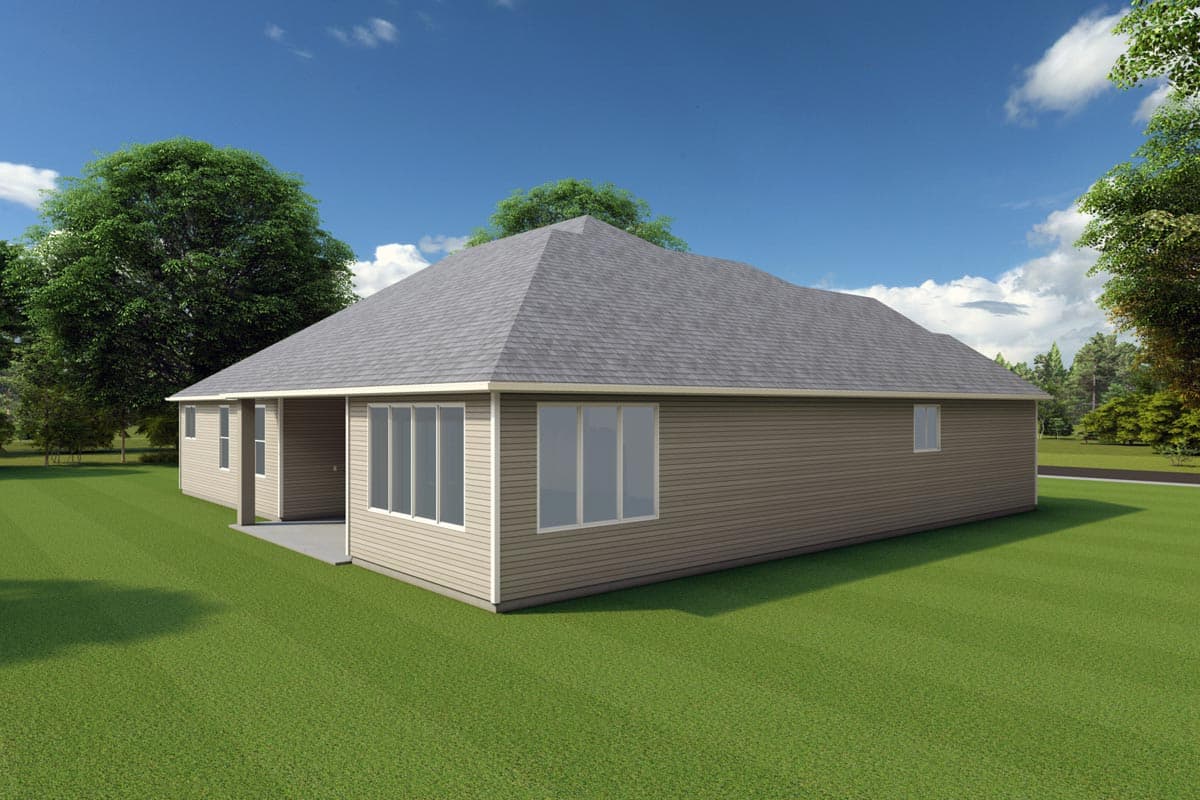 House plan exterior, single-story home with vinyl siding, a covered patio, and large windows.
