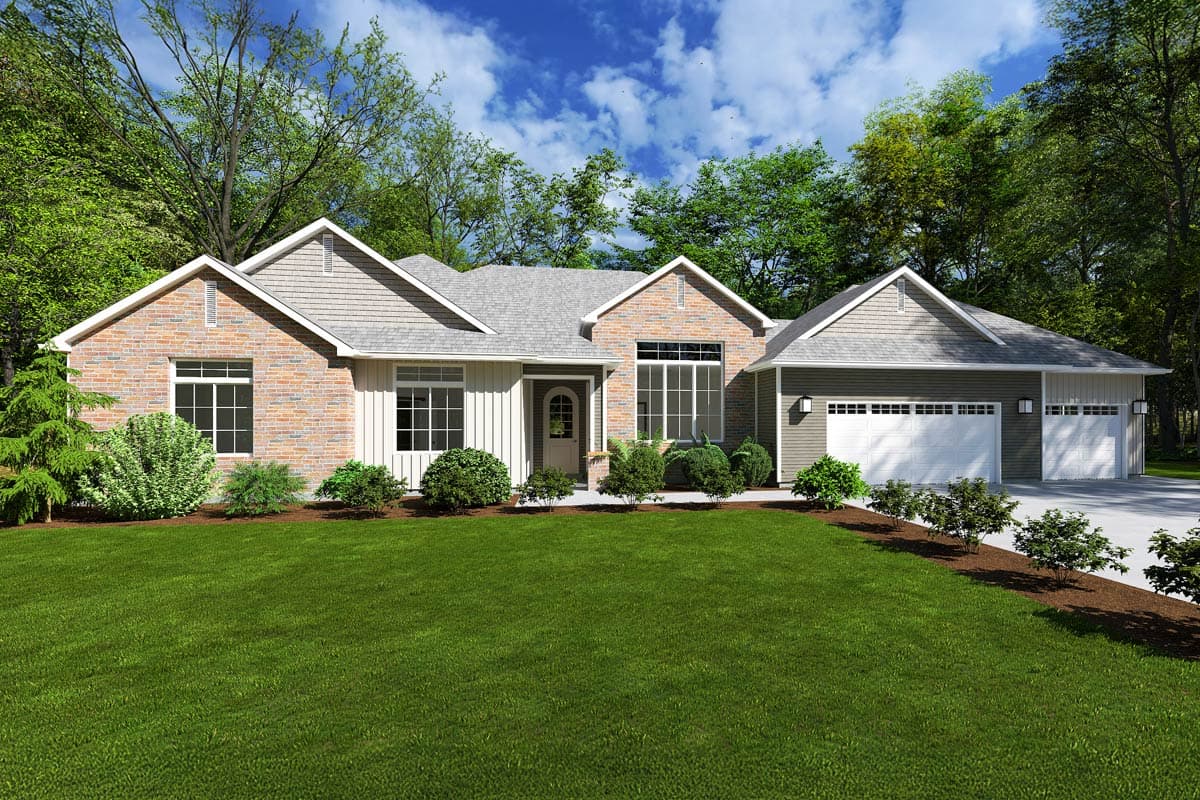 House plan exterior with brick and siding facade. Features include a front-facing gable, multiple dormers, and an attached garage.