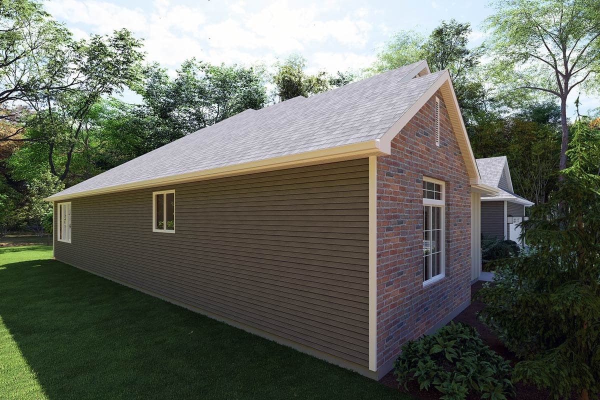 House plan exterior shows a one-story house with horizontal siding, brick gable end, and pitched roof.