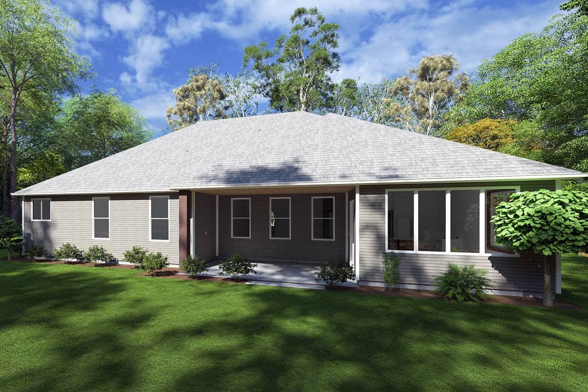 Ranch house plan exterior with a covered porch, numerous windows, and a hip roof.