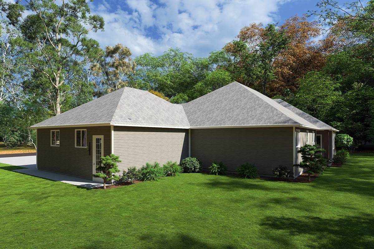 House plan exterior, single story with hip rooflines, horizontal siding, and multiple windows.