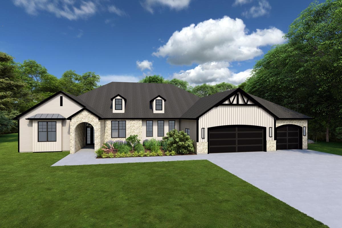 House plan exterior: Two-story Modern Farmhouse with stone accents, dormers, arched garage doors, and a gable.