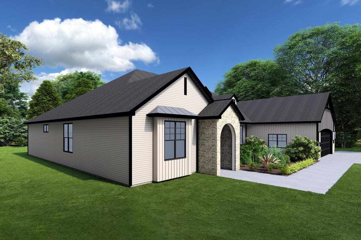 House plan exterior, one-story modern farmhouse with stone arch entryway, gabled dormer, and attached garage.