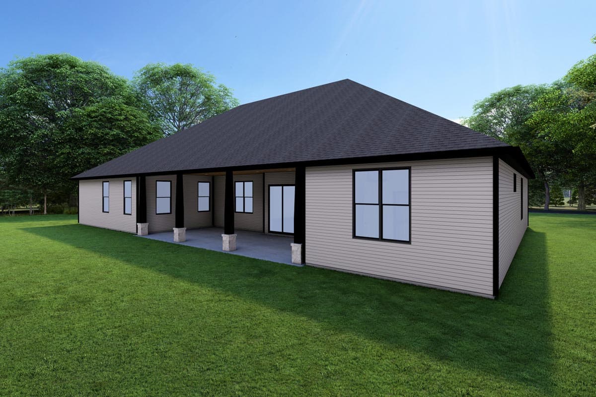 House plan exterior: single-story ranch with covered patio, asphalt roof, and horizontal siding.