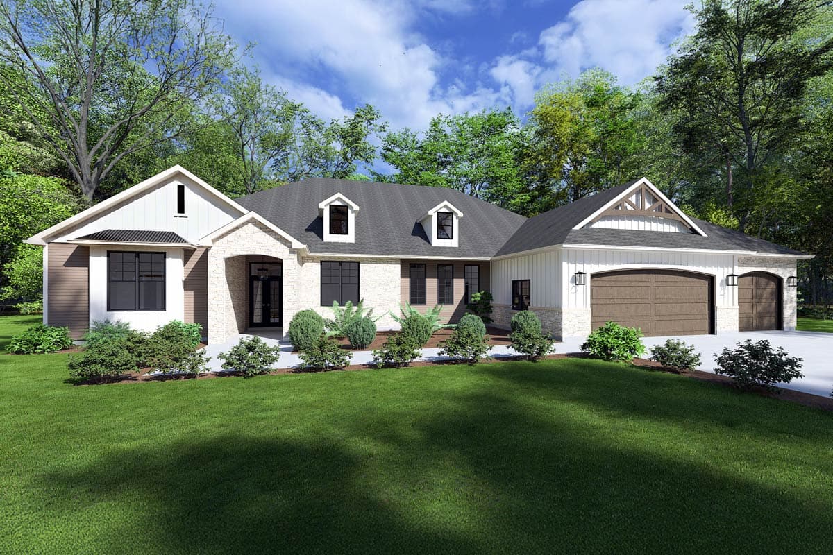 House plan exterior. Ranch style with multiple gables, dormers, and a two-car garage. Features a combination of stone and siding.
