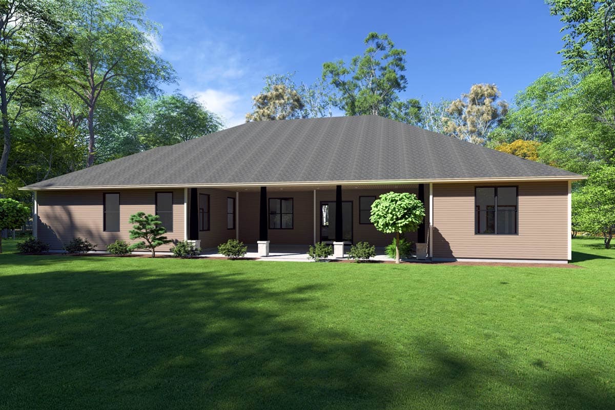 One-story house plan exterior with a wide covered porch, hip roof, and horizontal siding.