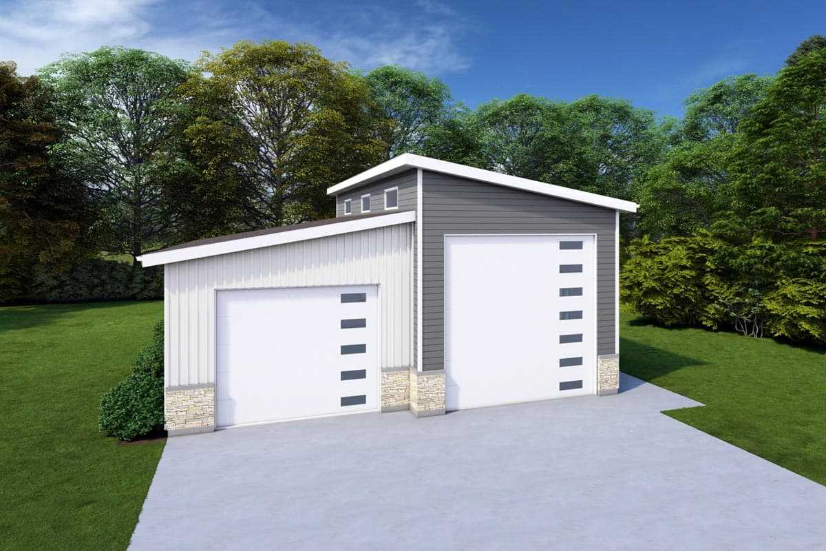 House plan exterior. Modern style with two garage bays. Features include a flat roof, horizontal siding, and stone accents.